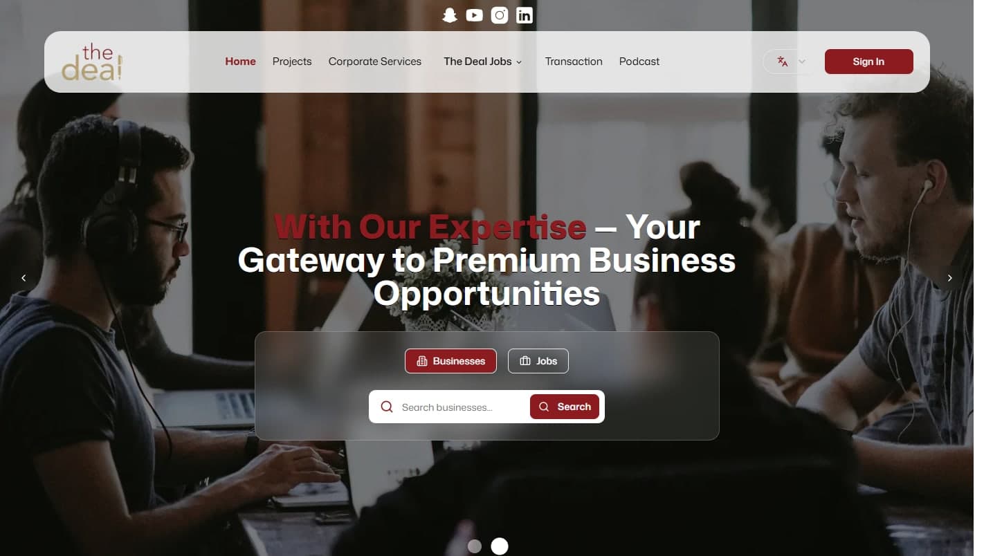 The Deal landing page with business and job search
