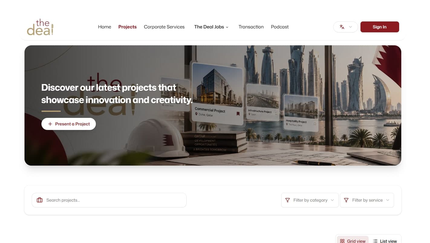 Projects listing with search and filters